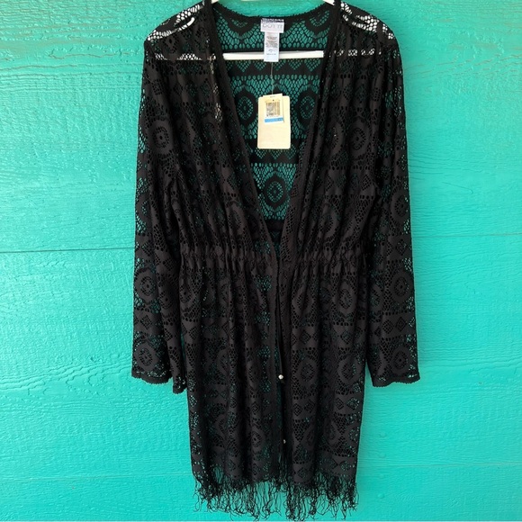 BLACK LACE LONGLINE DRAWSTRING FRINGE CARDIGAN WHIMSIGOTH SIZE XL NWT - Picture 5 of 8